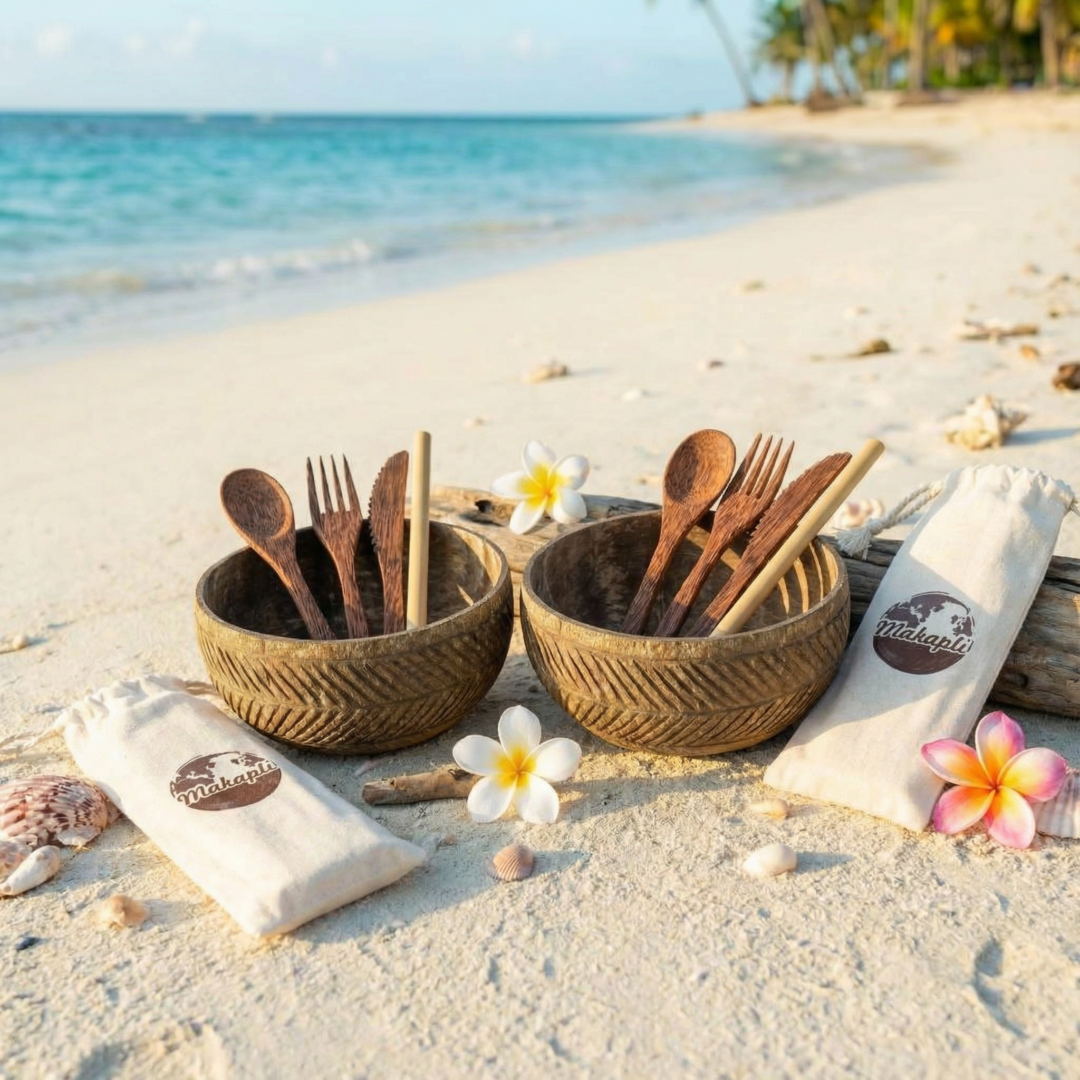 Coconut Bowl Dao Duo mit Besteckset Coconut Bowl Dao Duo mit Besteckset am Strand